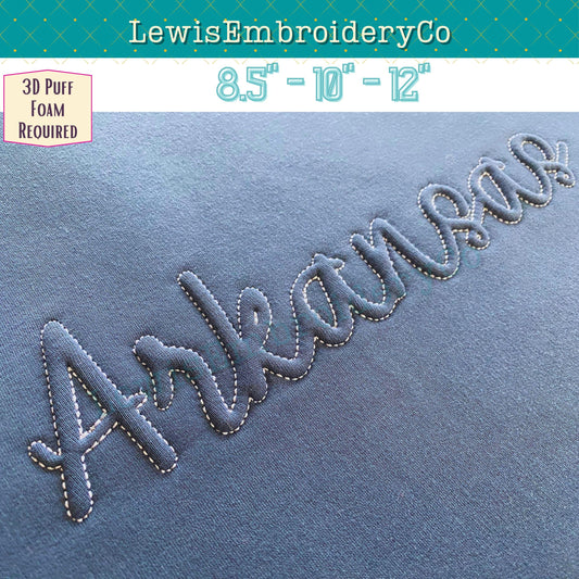 ARKANSAS Embossed 3D Puff, Machine Embroidery Design - Not Full Font - (PDF Tutorial Included)
