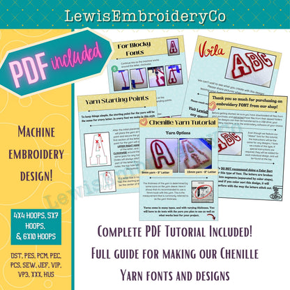 Chenille Yarn Machine Embroidery Font - with BX - (PDF Tutorial Included)