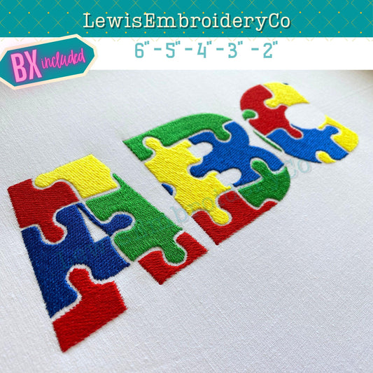 Autism Awareness Puzzle, Machine Embroidery Font - With BX - (PDF Tutorial Included)