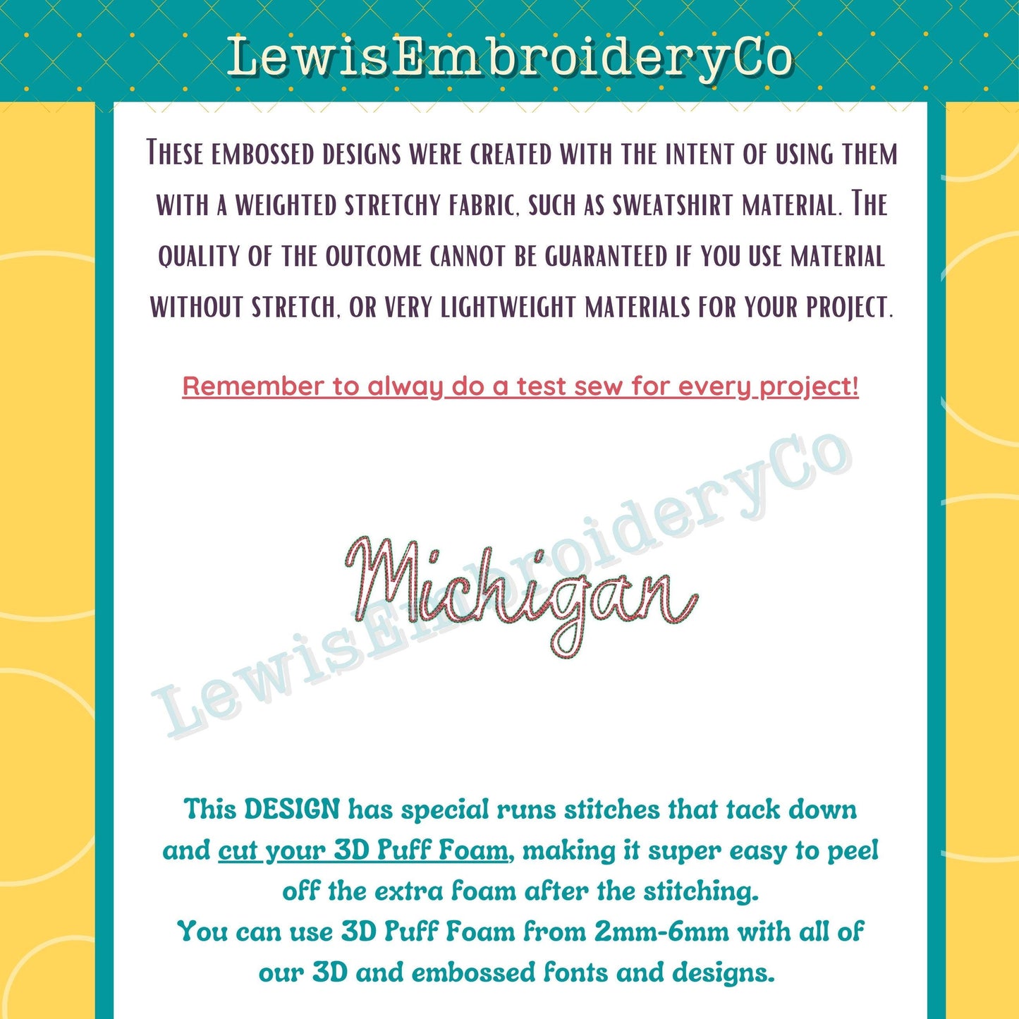 MICHIGAN, Embossed 3D Puff, Machine Embroidery Design - Not Full Font - (PDF Tutorial Included)