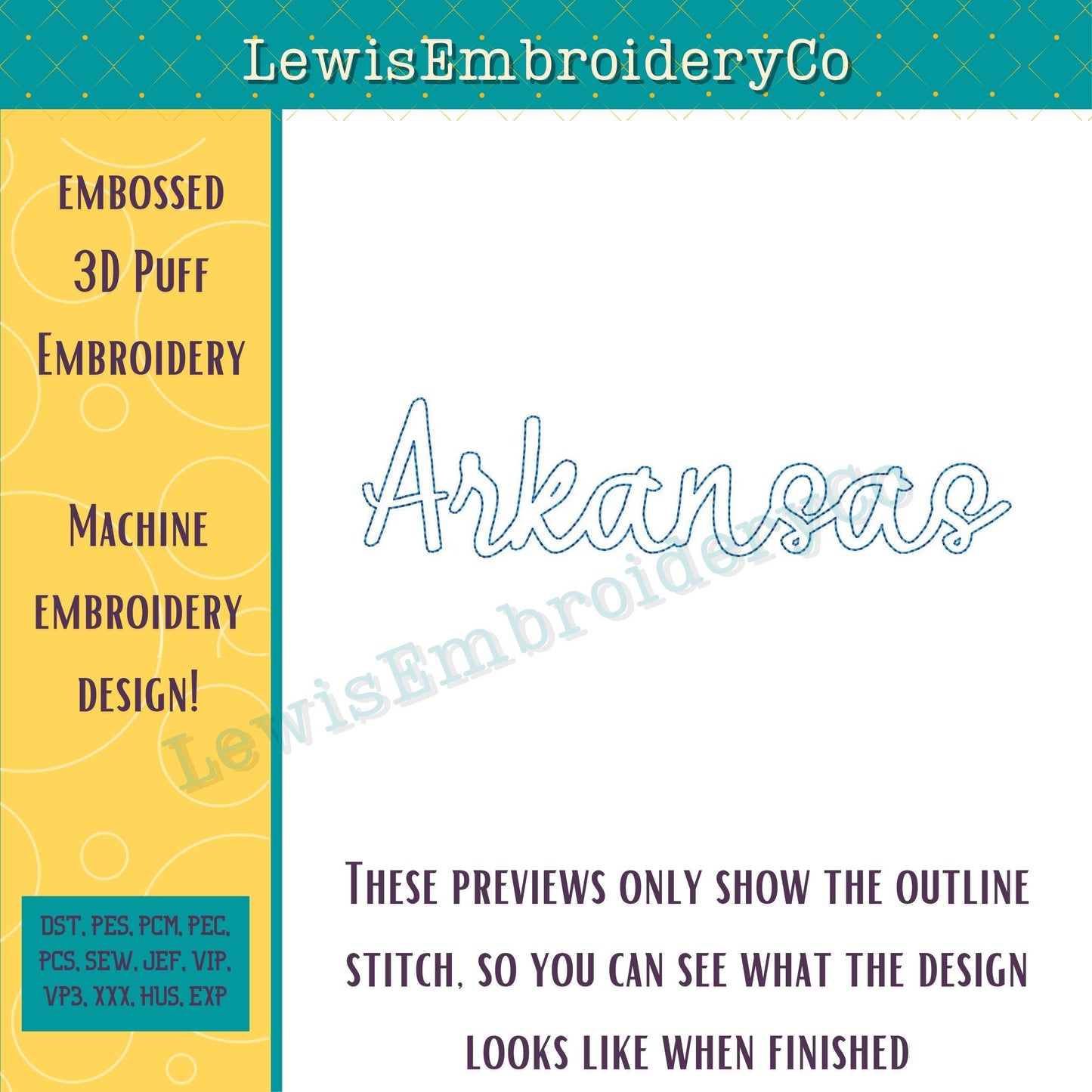 ARKANSAS Embossed 3D Puff, Machine Embroidery Design - Not Full Font - (PDF Tutorial Included)