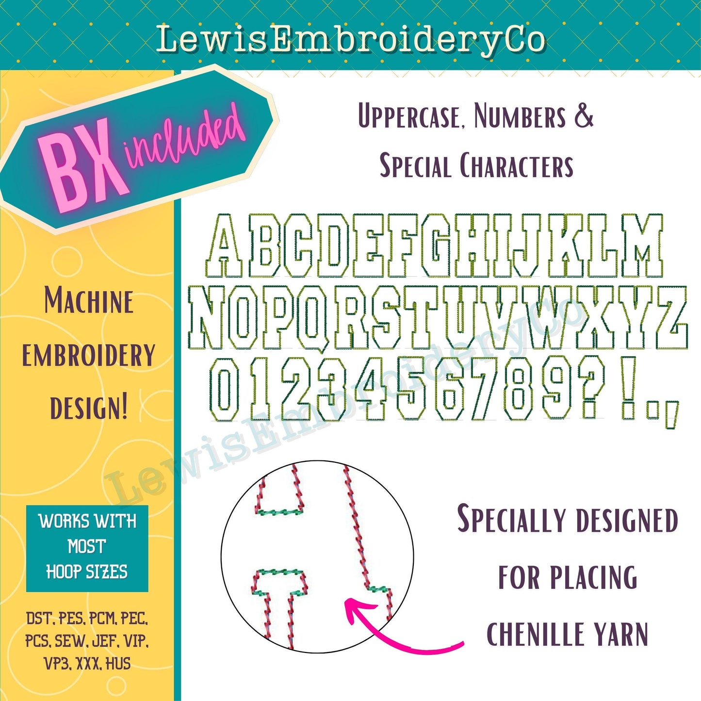 Chenille Yarn Machine Embroidery Font - with BX - (PDF Tutorial Included)