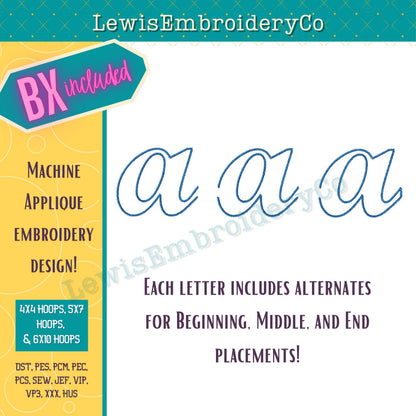 Narrow Applique, Script, Machine Embroidery Font - With BX - (PDF Tutorial Included)
