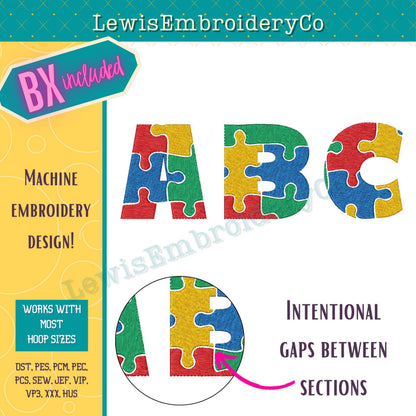 Autism Awareness Puzzle, Machine Embroidery Font - With BX - (PDF Tutorial Included)