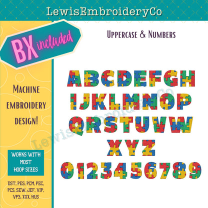 Autism Awareness Puzzle, Machine Embroidery Font - With BX - (PDF Tutorial Included)