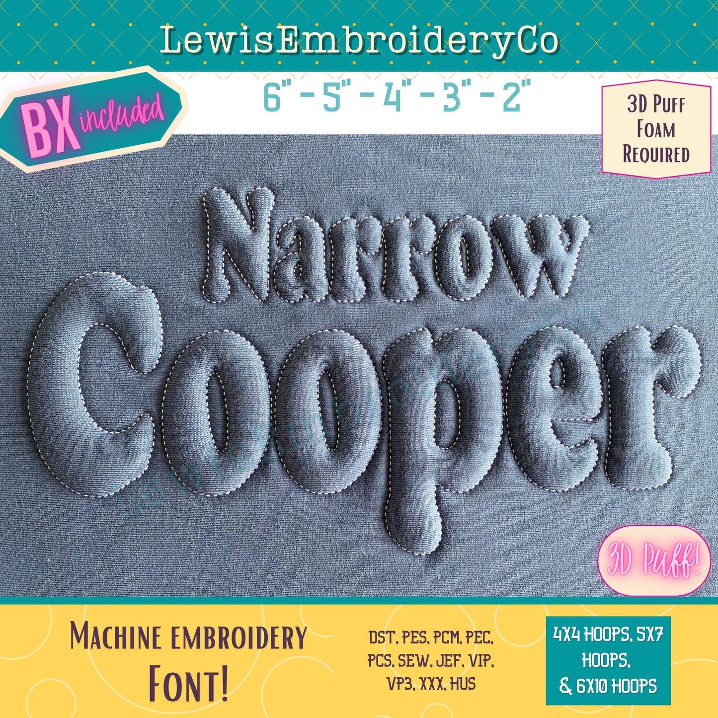 Embossed 3D Puff, Narrow, Machine Embroidery Font - With BX - (PDF Tutorial Included)
