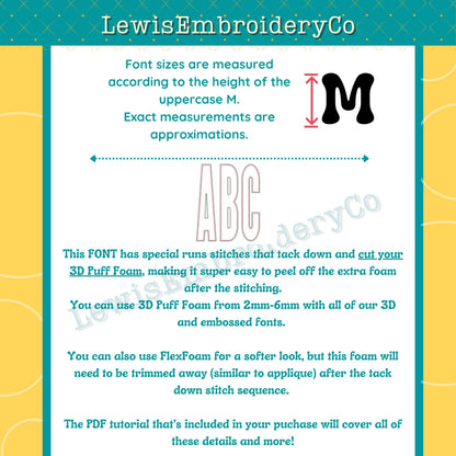 Embossed 3D Puff, Tall Narrow, Machine Embroidery Font - With BX - (PDF Tutorial Included)