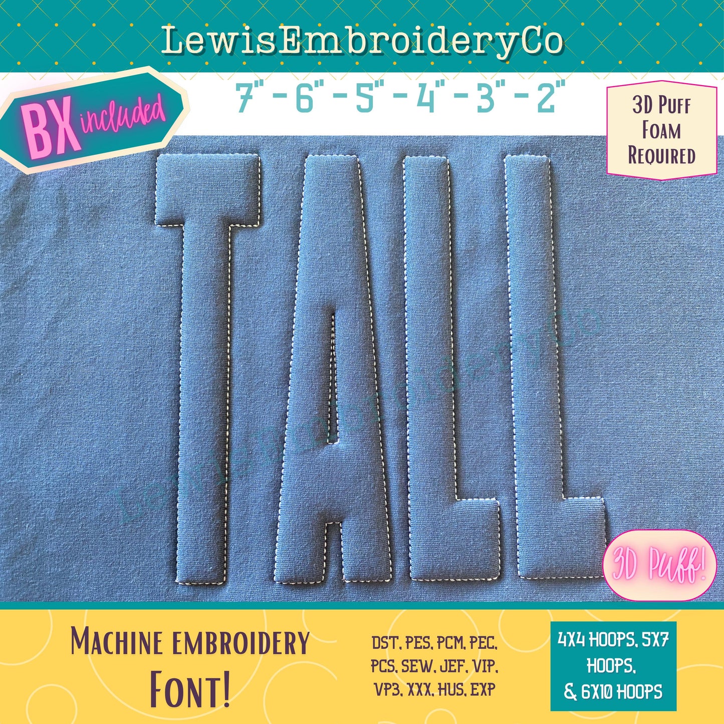Embossed 3D Puff, Tall Narrow, Machine Embroidery Font - With BX - (PDF Tutorial Included)