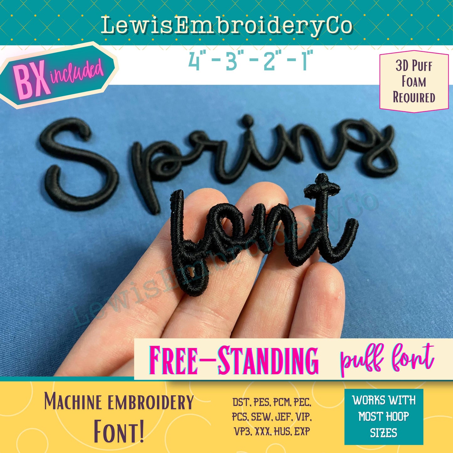 Free-Standing Script 3D Puff, Machine Embroidery Font - With BX - (PDF Tutorial Included)